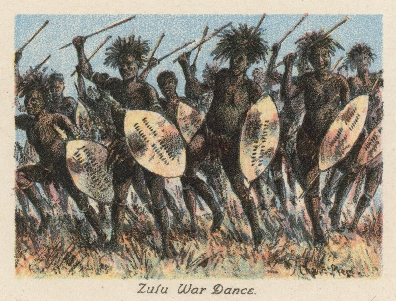 Jihoafrická republika: Válečný tanec Zuluů (barevná litografie) od Charles Ernest Peers