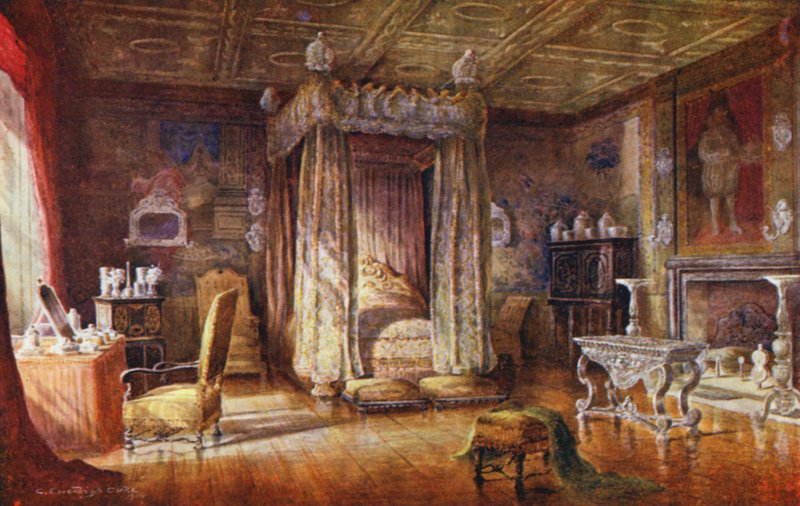 Knole House: Král Jakub I.: ložnice (barevná litografie) od Charles Essenhigh Corke
