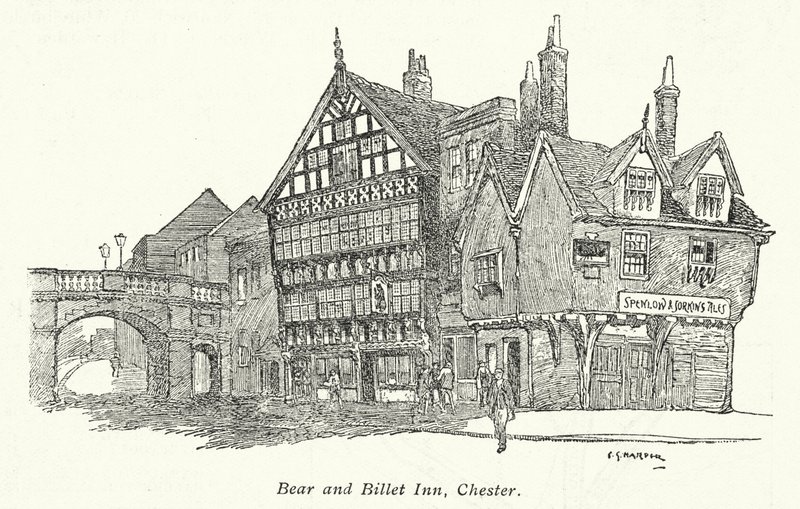Hostinec Bear and Billet Inn, Chester (litografie) od Charles George Harper