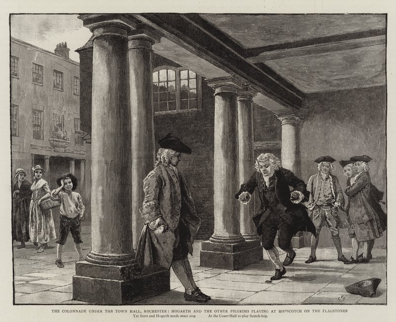 Kolonáda pod radnicí, Rochester, Hogarth a další poutníci hrající si na vlajkových kamenech. od Charles Green