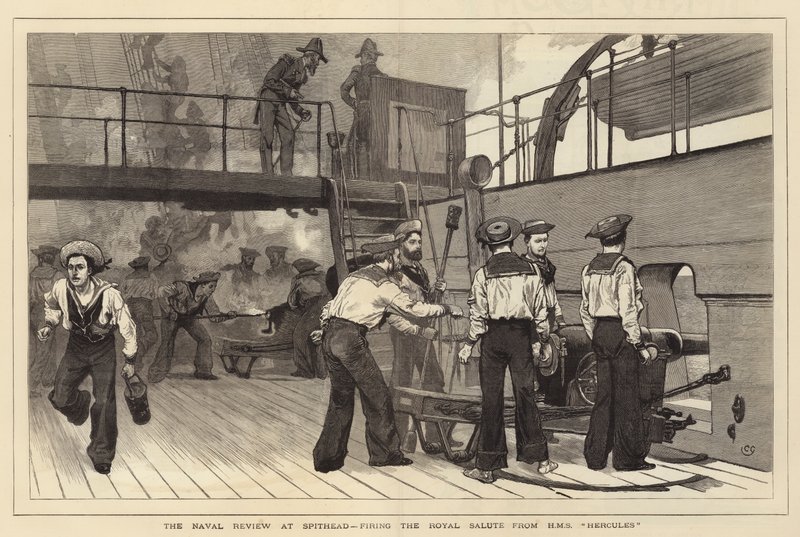 The Naval Review na Spithead, vystřelení Royal Salute z HMS Hercules od Charles Green