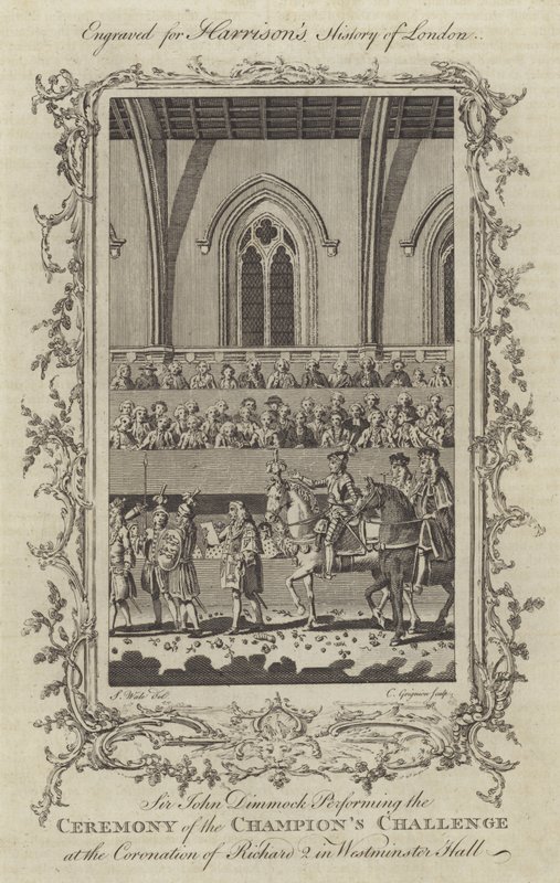 Sir John Dimmock při ceremonii Výzvy šampionů při korunovaci Richarda II. ve Westminster Hall, 1377 od Charles Grignion