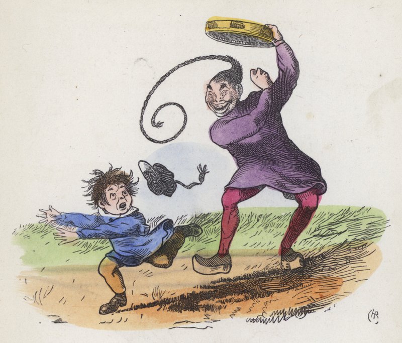 Chlapec vyděšený Číňanem hrajícím na tamburínu (barevná rytina) od Charles Henry (after) Bennett