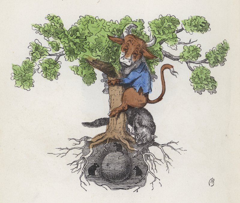 Zavřete strom nad kočkou, která loví myši a jedí sýr (barevná rytina) od Charles Henry (after) Bennett