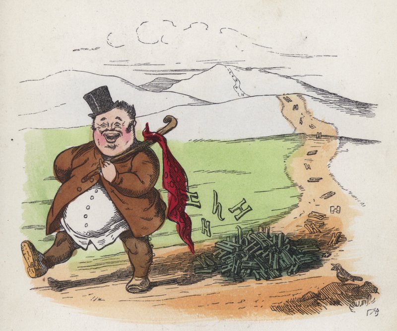 Tlustý muž, který kráčí po silnici a shazuje své aitches (barevná rytina) od Charles Henry (after) Bennett