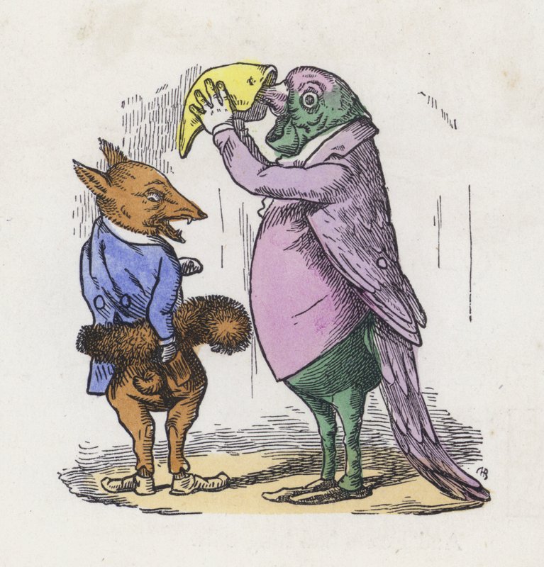 Liška používá svůj ocas na šálu a papoušek šňupavý tabák (barevná rytina) od Charles Henry (after) Bennett