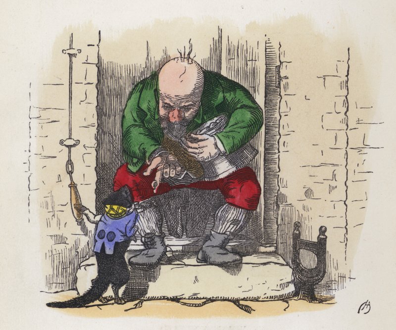 Malá černá kočka zvoní na mužský zvonek (barevná rytina) od Charles Henry (after) Bennett