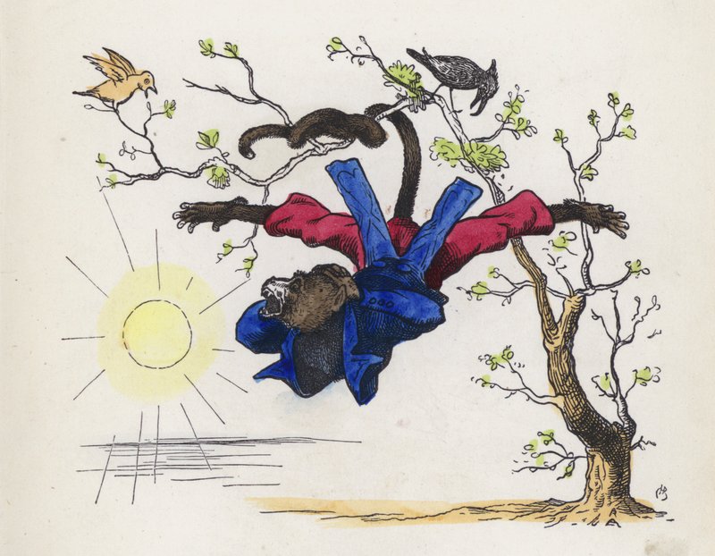 Opice visící na stromě za ocas (barevná rytina) od Charles Henry (after) Bennett