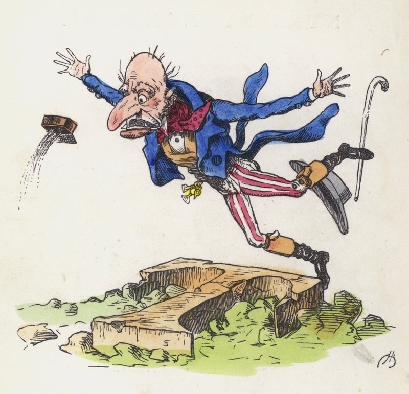 Starý muž zakopl o kámen ve tvaru písmene T (barevná rytina) od Charles Henry (after) Bennett