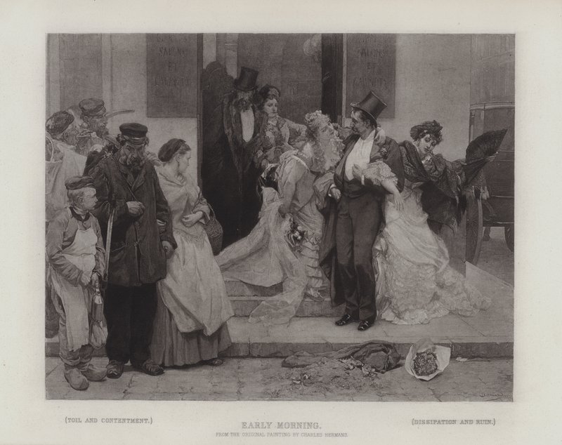 Časné ráno, ukazující kontrast mezi: dřinou a spokojeností; and Disipation and Ruin (hlubotisk) od Charles Hermans