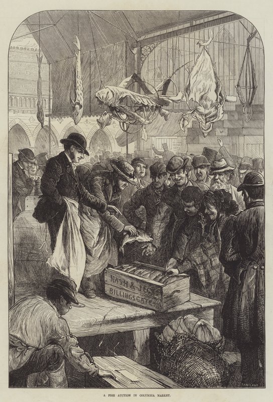 Rybí aukce na Columbia Market (rytina) od Charles J. (after) Staniland