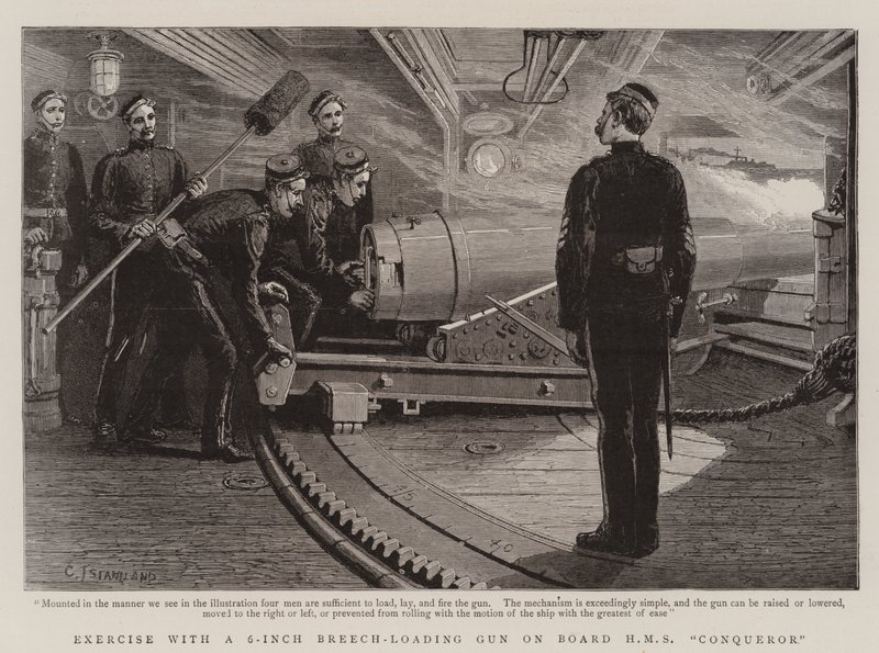 Cvičení s 6palcovou nabíjecí pistolí na palubě HMS Conqueror od Charles J. Staniland