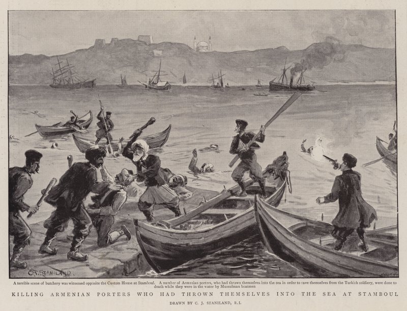 Zabíjení arménských nosičů, kteří se vrhli do moře u Stamboulu od Charles J. Staniland