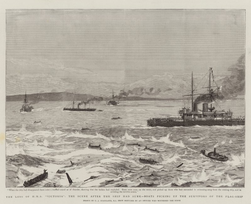 Ztráta HMS Victoria, scéna poté, co se loď potopila, čluny nabírající přeživší z vlajkové lodi od Charles J. Staniland