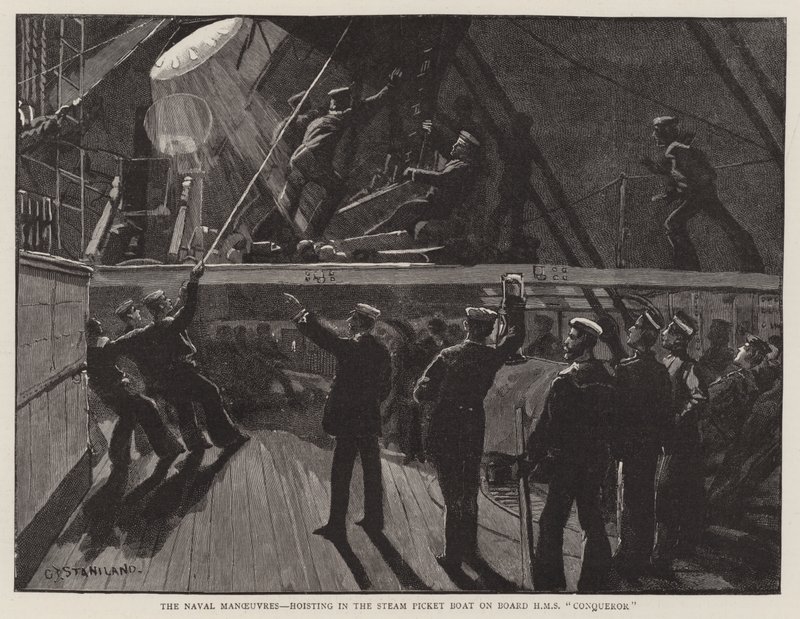 Námořní manévry, zvedání parního demonstračního člunu na palubě HMS Conqueror od Charles J. Staniland
