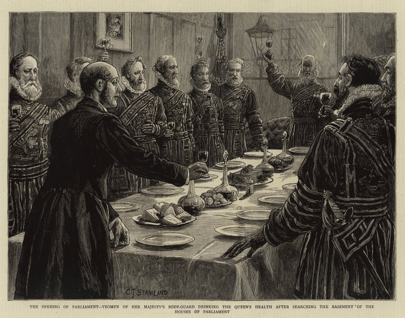 Otevření parlamentu, gardisté Jejího Veličenstva popíjeli královnino zdraví po prohledání suterénu budov parlamentu od Charles J. Staniland