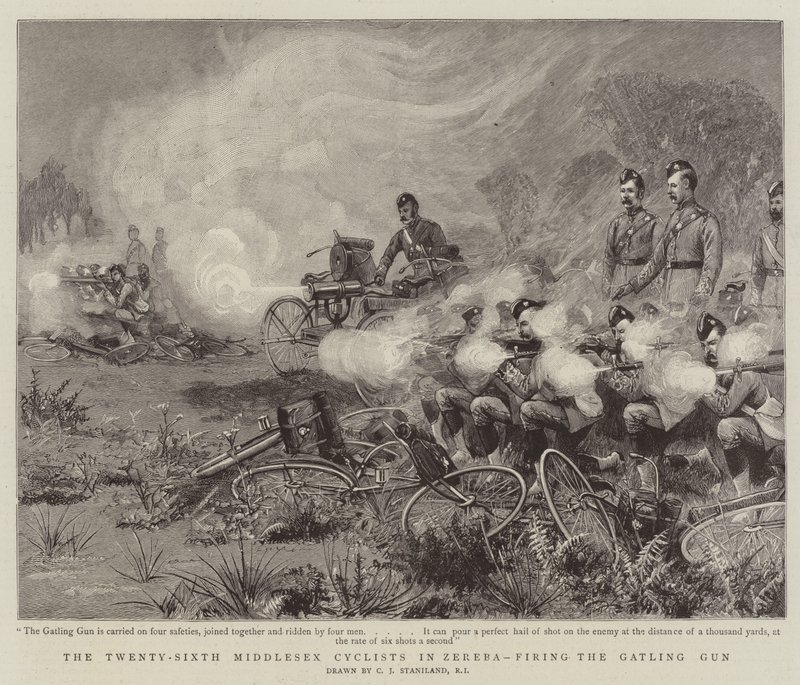 Dvacátý šestý Middlesex Cyklisté v Zerebě, střílející z Gatling Gun od Charles J. Staniland