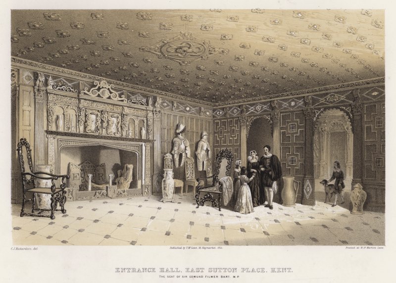 Vstupní hala, East Sutton Place, Kent, sídlo sira Edmunda Filmera (barevné lito) od Charles James Richardson