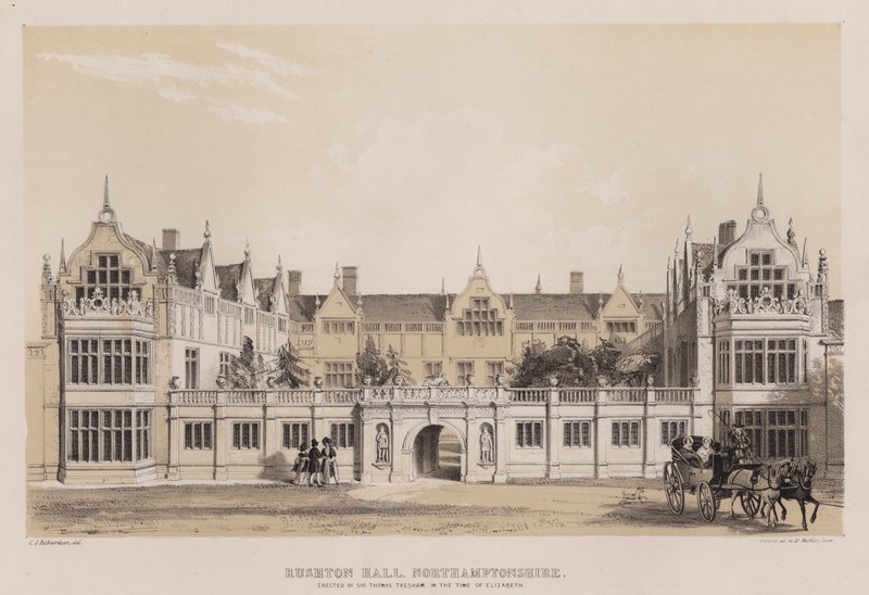 Rushton Hall, Northamptonshire, postavil sir Thomas Tresham v době Alžběty (barevné lito) od Charles James Richardson