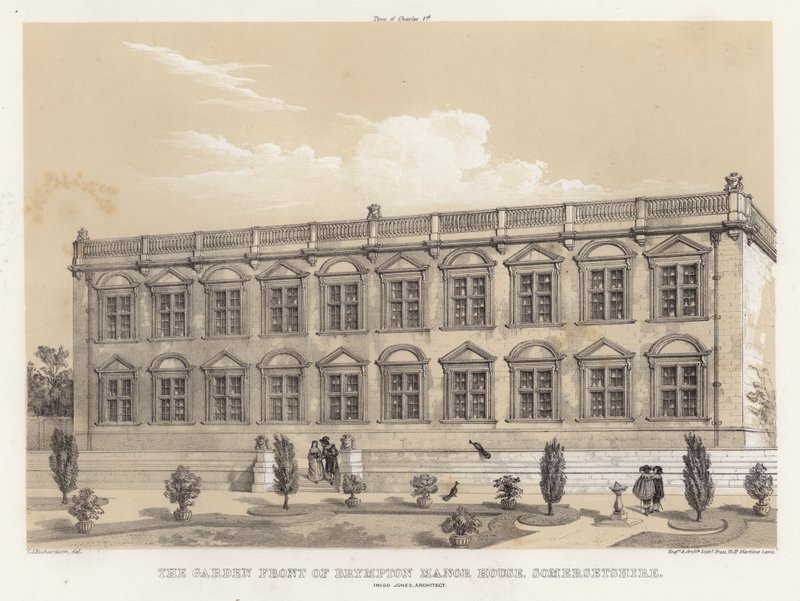 Zahradní průčelí Brympton Manor House, Somersetshire, Inigo Jones, architekt (barva litho) od Charles James Richardson