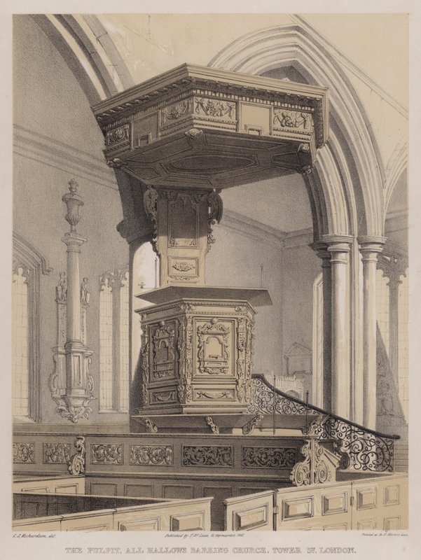 Kazatelna, All Hallows Barking Church, Tower Street, Londýn (barevné lito) od Charles James Richardson