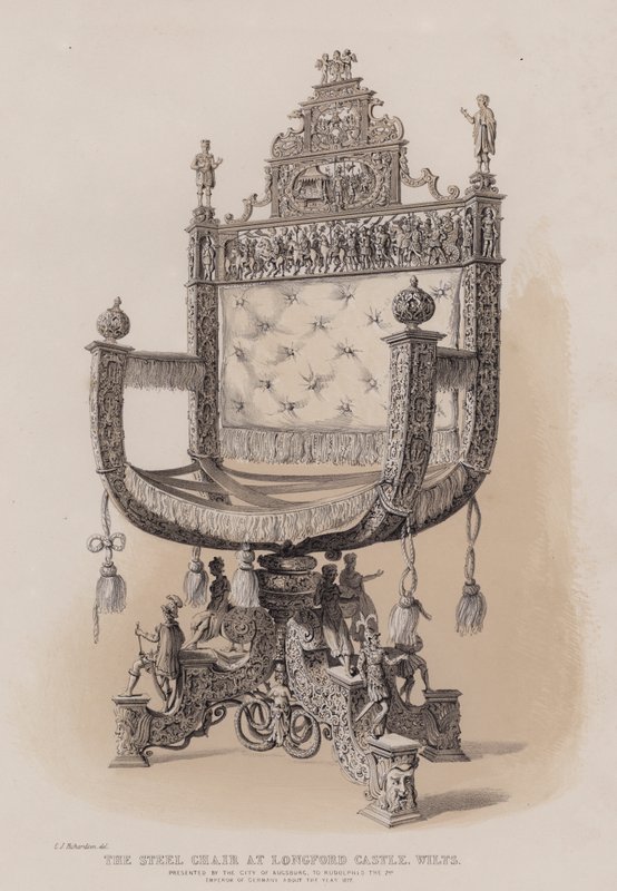 Ocelové křeslo na zámku Longford, Wilts, darované městem Augsburg Rudolfu 2., německému císaři kolem roku 1577 od Charles James Richardson