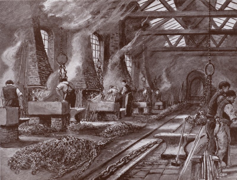 Výroba řetězů na loď (litho) od Charles John de (after) Lacy