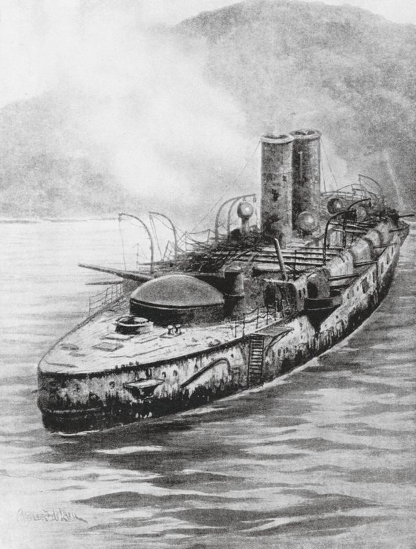 Španělský pancéřový křižník Oquendo po námořní bitvě 1898 (litografie) od Charles John de (after) Lacy