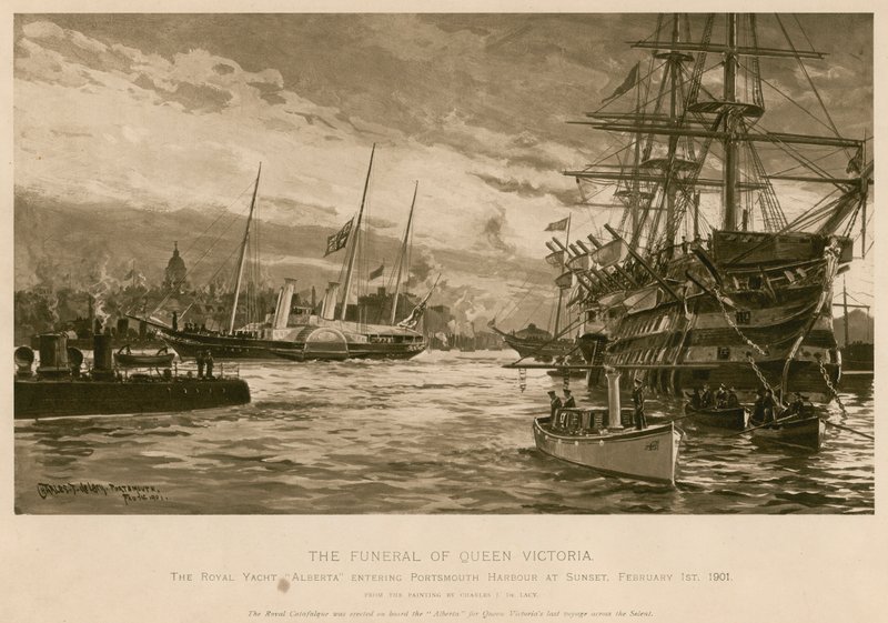 Pohřeb královny Viktorie. Royal Yacht Alberta, nesoucí královnino tělo, vplouvající do přístavu Portsmouth při západu slunce od Charles John de (after) Lacy