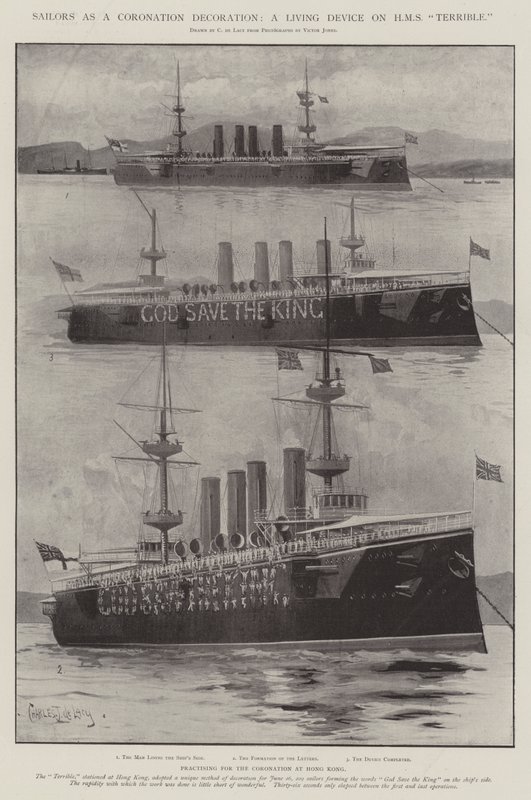 Námořníci jako korunovační dekorace, živé zařízení na HMS Terrible od Charles John de Lacy