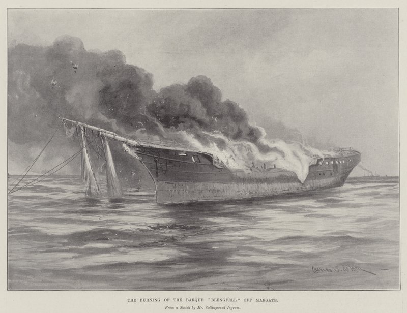 The Burning of the Barque Blengspadl z Margate od Charles John de Lacy