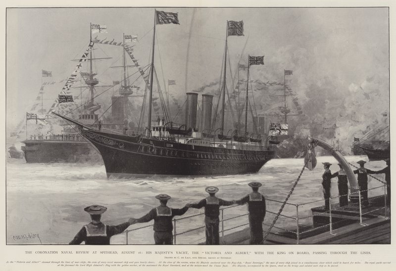 The Coronation Naval Review na Spithead, 16. srpna, jachta Jeho Veličenstva, Victoria a Albert, s králem na palubě, proplouvající liniemi od Charles John de Lacy