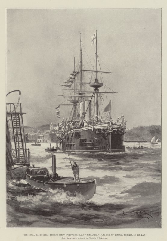 Námořní manévry, operace záložní flotily, HMS Alexandra, vlajková loď admirála Domvilea, v zátoce Tor od Charles John de Lacy