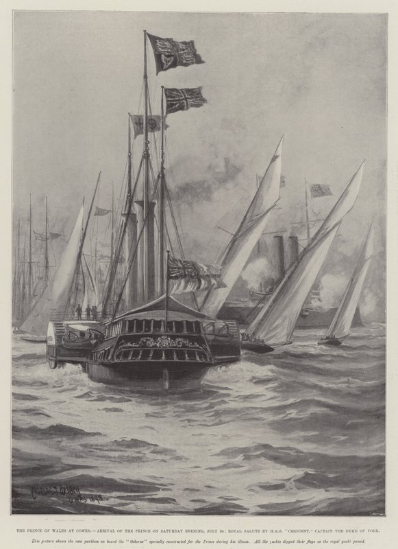 Princ z Walesu v Cowes, příjezd prince v sobotu večer, 30. července, královský pozdrav od HMS Crescent, kapitána vévody z Yorku od Charles John de Lacy