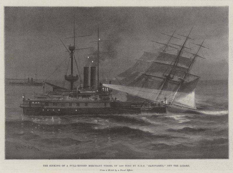 Potopení plně zmanipulované obchodní lodi o hmotnosti 1400 tun od HMS Sanspareil z ještěrky od Charles John de Lacy