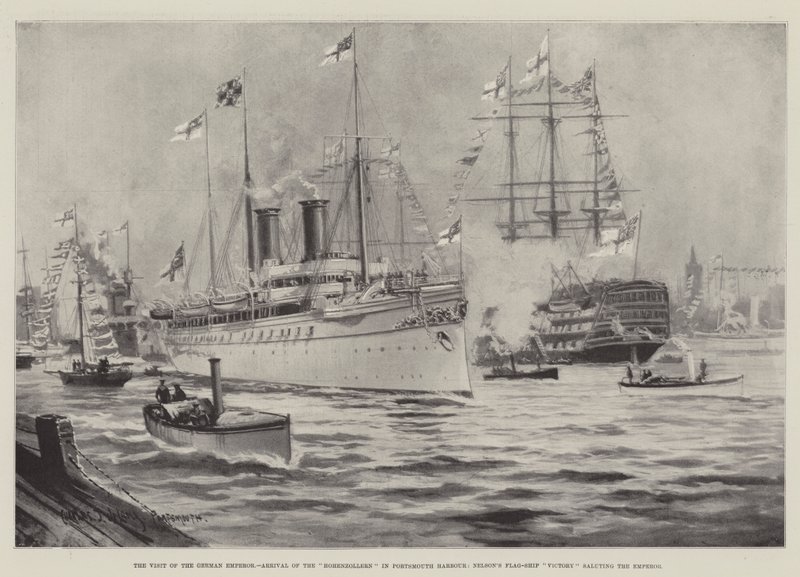 Návštěva německého císaře, příjezd lodi Hohenzollern do přístavu Portsmouth, vítězství Nelsonovy vlajkové lodi pozdravující císaře od Charles John de Lacy