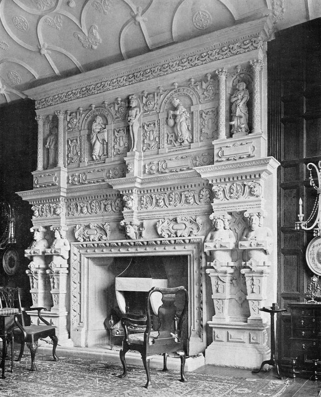 Komínový kus v přijímacím pokoji, South Wraxall Manor, z 