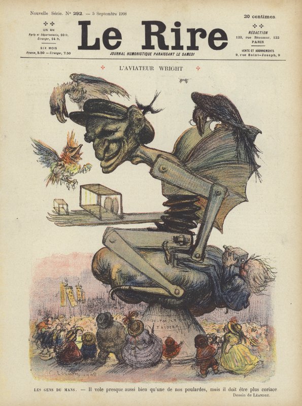 Karikatura amerického letce Wilbura Wrighta. Ilustrace pro Le Rire od Charles Leandre