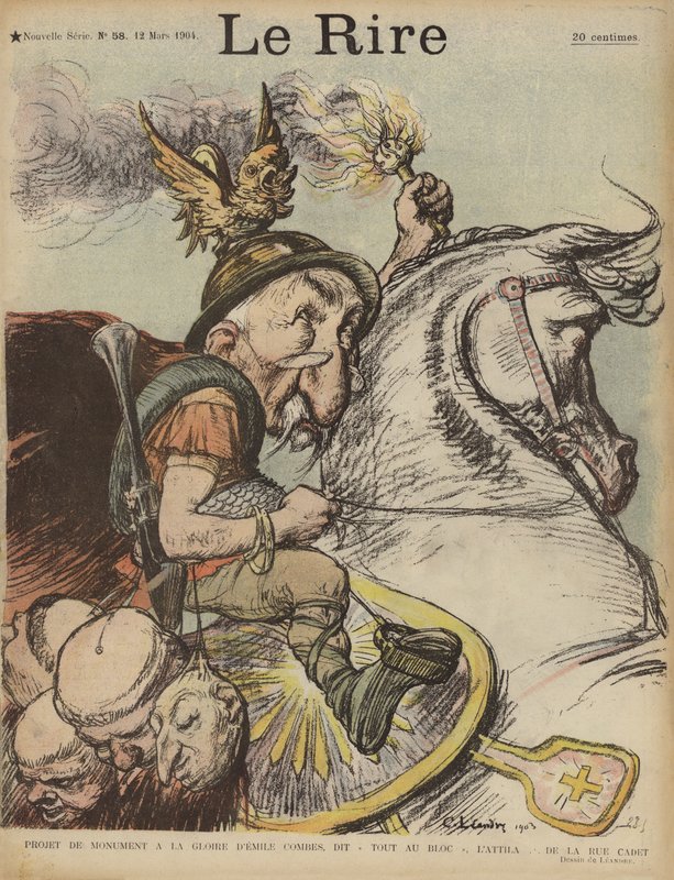 Karikatura francouzského premiéra Emile Combes jako Attila Hun. Ilustrace pro Le Rire od Charles Leandre