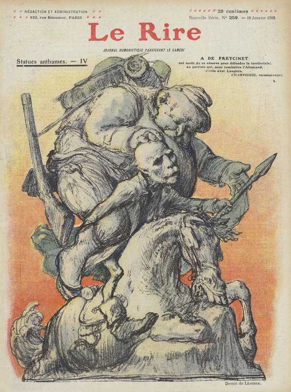 Karikatura francouzského premiéra Charlese de Freycineta. Ilustrace pro Le Rire od Charles Leandre