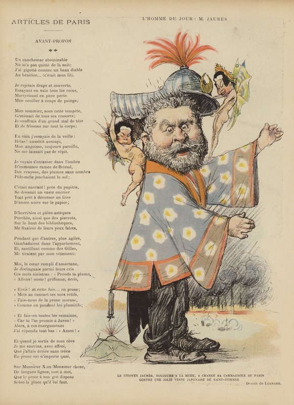 Karikatura francouzského socialistického politika Jeana Jaurese. Ilustrace pro Le Rire od Charles Leandre