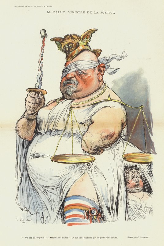 Ernest Valle, francouzský ministr spravedlnosti, ilustrace pro Le Rire od Charles Leandre