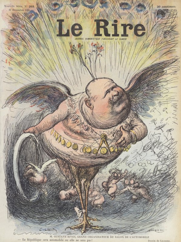 Gustave Rives, francouzský architekt a organizátor pařížského autosalonu. Ilustrace pro Le Rire od Charles Leandre
