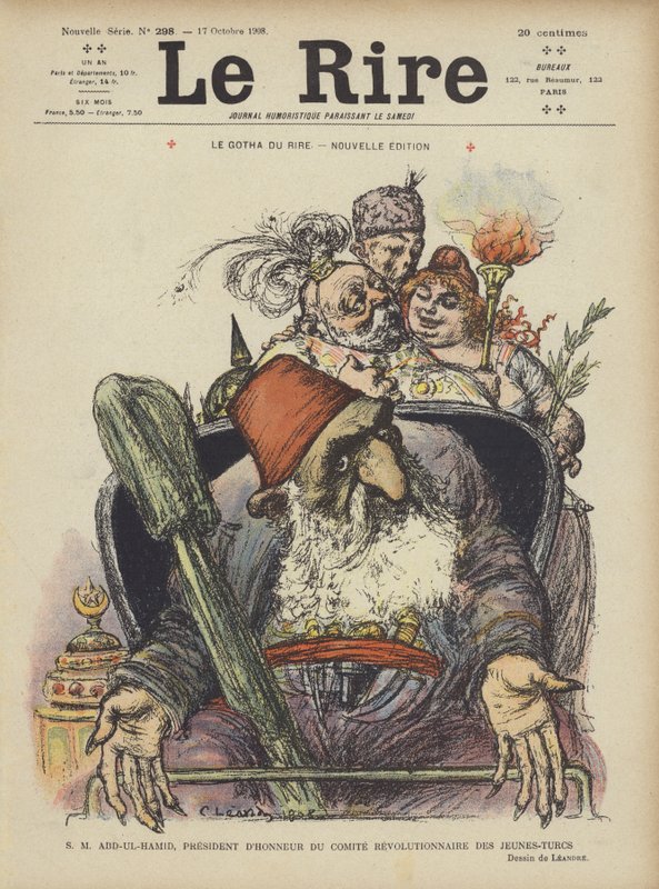 Jeho Veličenstvo Abdul Hamid, čestný předseda Revolučního výboru mladoturků. Ilustrace pro Le Rire od Charles Leandre
