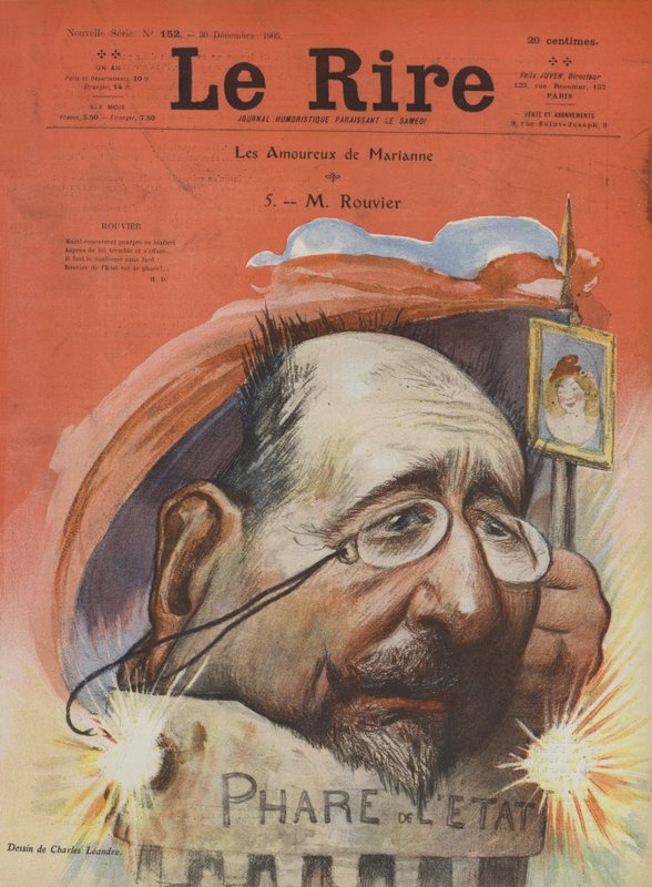 Maurice Rouvier, francouzský politik. Ilustrace pro Le Rire od Charles Leandre