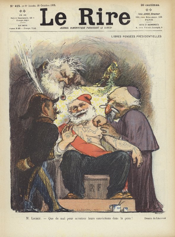 Tetování francouzského prezidenta Loubeta. Ilustrace pro Le Rire od Charles Leandre