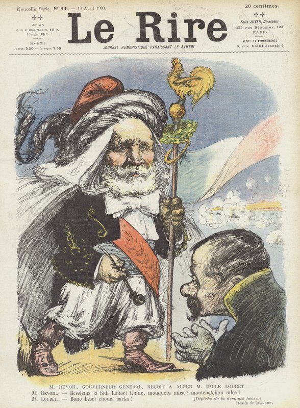 Francouzský prezident Loubet přijal generální guvernér Alžírska Paul Revoil. Ilustrace pro Le Rire od Charles Leandre