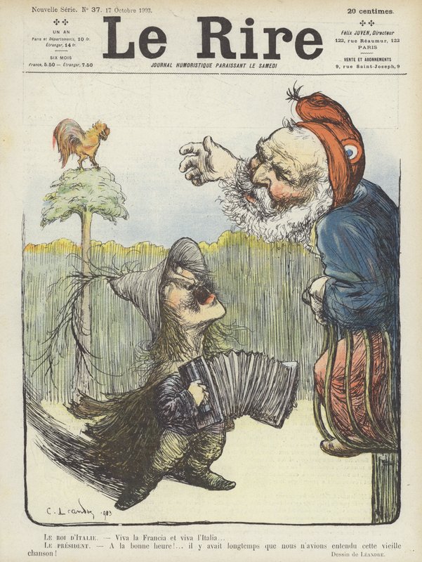 Italský král a francouzský prezident. Ilustrace pro Le Rire od Charles Leandre