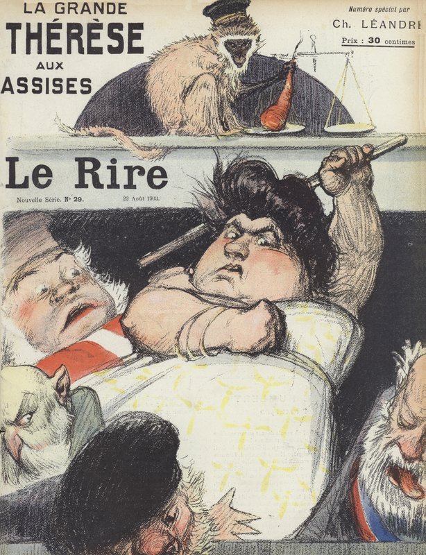 Proces s notoricky známou podvodnicí Therese Humbertovou. Ilustrace pro Le Rire od Charles Leandre