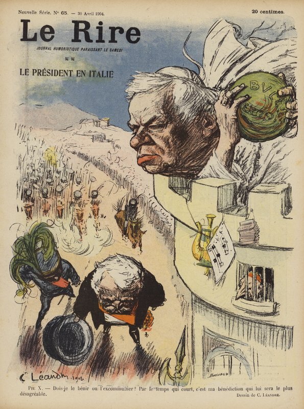 Návštěva francouzského prezidenta Loubeta v Itálii. Ilustrace pro Le Rire od Charles Leandre